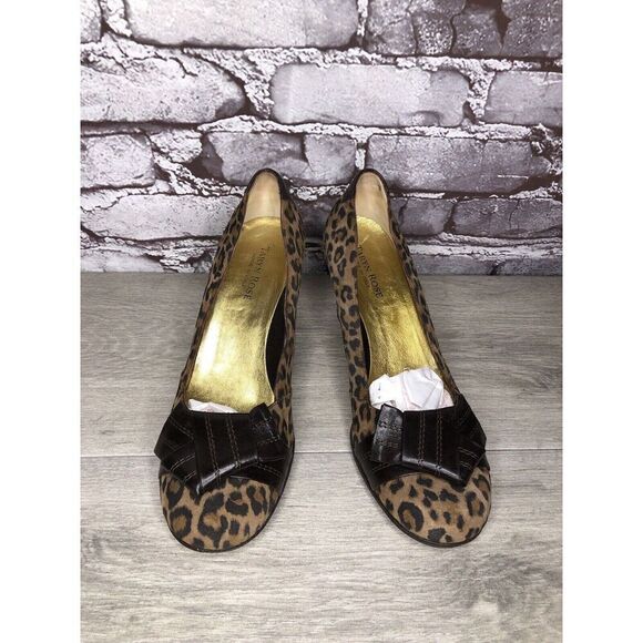 Taryn Rose Leopard Print Brown Bow Peep Toe Heels Shoes Women Sz 9M US/38.5EU - Picture 2 of 16